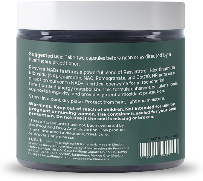RESVERA NAD+ | Resveratrol Nicotinamide Riboside (NR) Quercetin NAC &amp CoQ10 | Supports Cellular Energy Anti-Aging Mitochondrial Health &amp Longevity | 60 Capsules