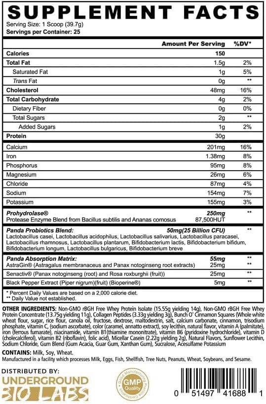 Underground Bio Labs Panda Fuel Premium Protein WheyHydrolyzed CollagenCaseinProbiotics Enzymes Keto FriendlyTime Release 25 Servings (2.5 Pound Cinnamon Toast)