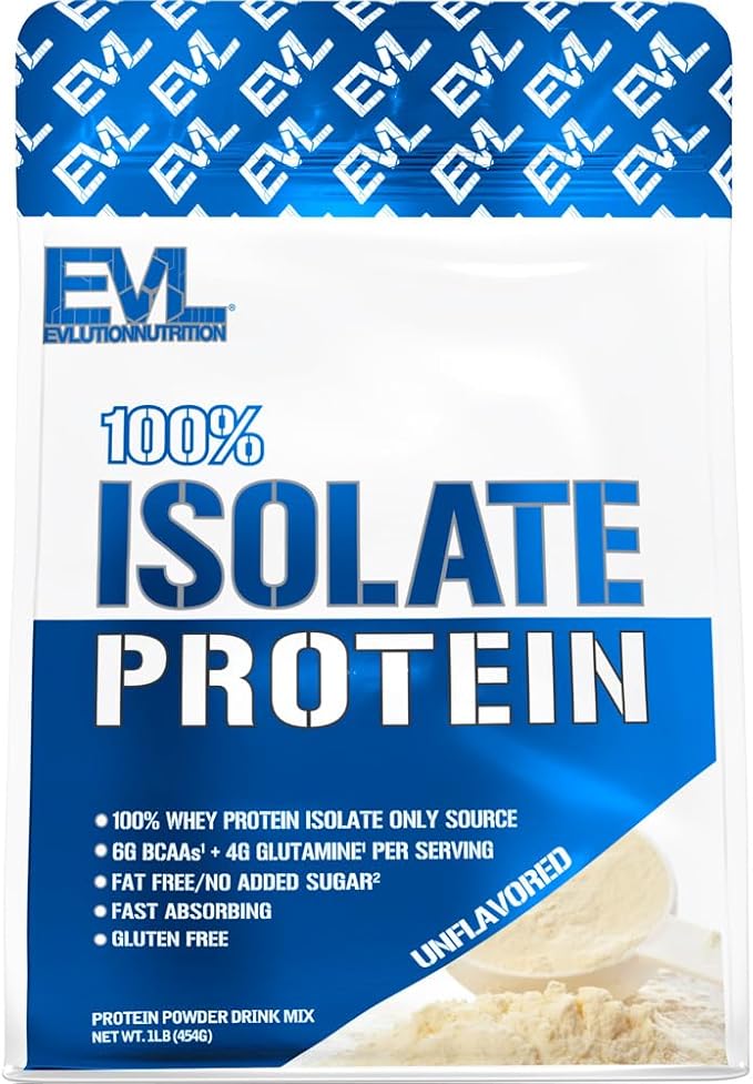 Evlution Nutrition 100% Isolate Whey Isolate Protein Powder 25 G of Fast Absorbing Protein No Sugar Added Low-Carb Gluten-Free (Unflavored 1 LB)