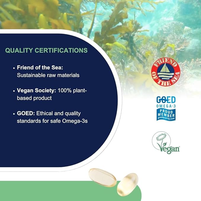 Vegan Omega 3 Supplement OMEGOR Veg - Algae Oil Omega 3 with 250mg EPA and 125mg DHA with Vitamin E - Vegan Society and IFOS Certified (60 Caps)