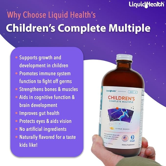LIQUIDHEALTH Children's Complete Liquid Multivitamin for Kids Toddlers - Essential Vitamins Nutrients &amp Minerals Immune Support Gut Health - Made in USA Vegan Non GMO Sugar-Free (16 oz)