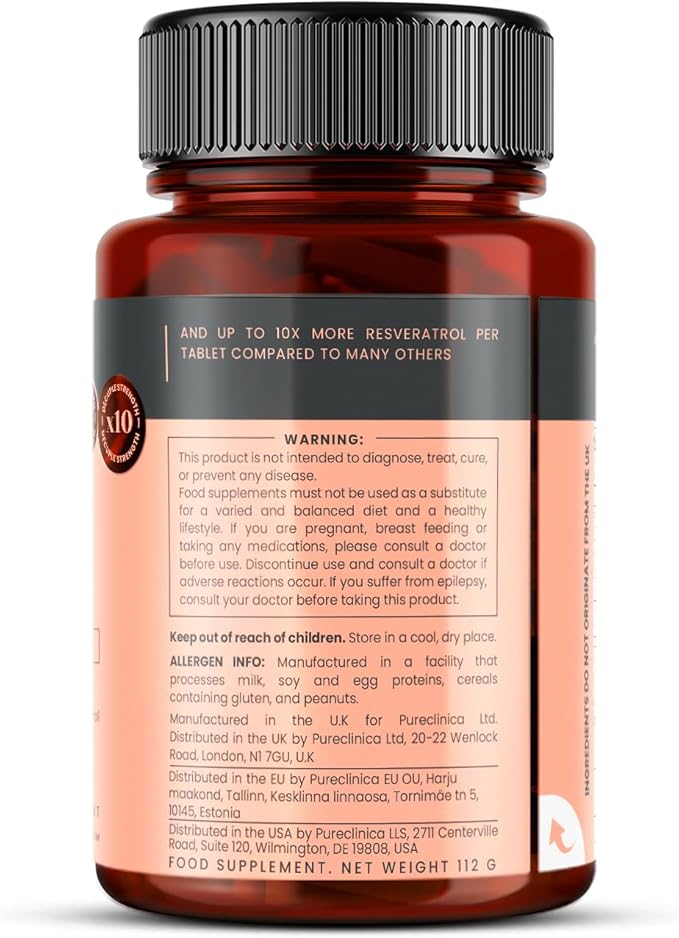 pureclinica 1000mg Resveratrol x 90 Tablets (3 Months Supply). 10 x Strength with Black Pepper Extract for Faster Absorption
