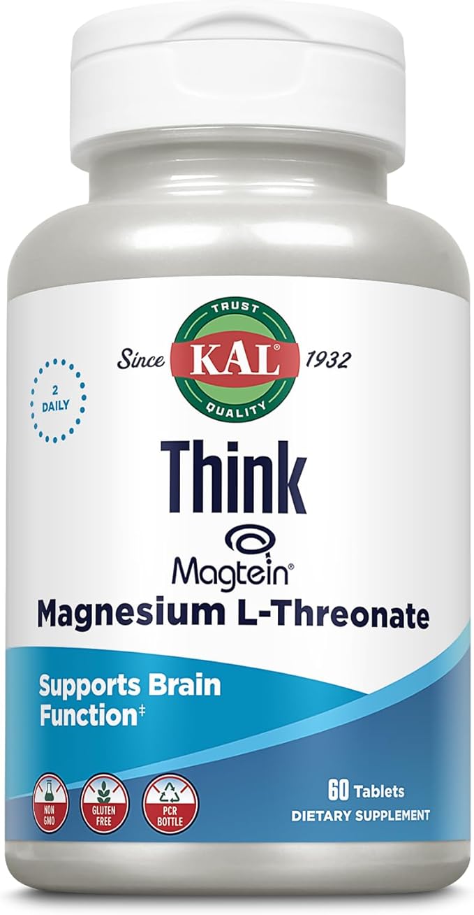 KAL Think Magnesium L-Threonate 2000 mg | Learning Brain Health &amp Memory Function Support w/Magtein | Vegan No Gluten &amp Non-GMO | 60 Tablets
