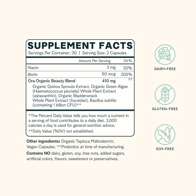 Ora Organic Hair Skin and Nails Support- BeYouTiful - Beauty Supplement with B Vitamins and Algae Extracts for Healthy Hair and Skin - 60 Vegan Capsules