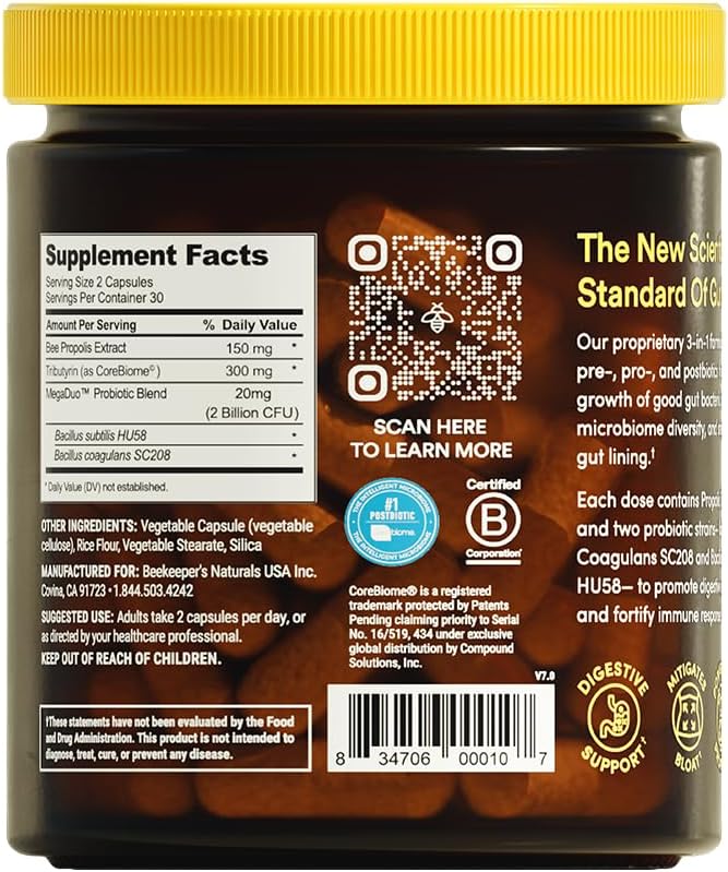 Complete Gut Health by Beekeeper's Naturals 3-in-1 Prebiotic Postbiotic Probiotics for Digestive Health &amp Bloating Relief for Women &amp Men Propolis Powered Gluten-Free Vegan Capsules 60ct