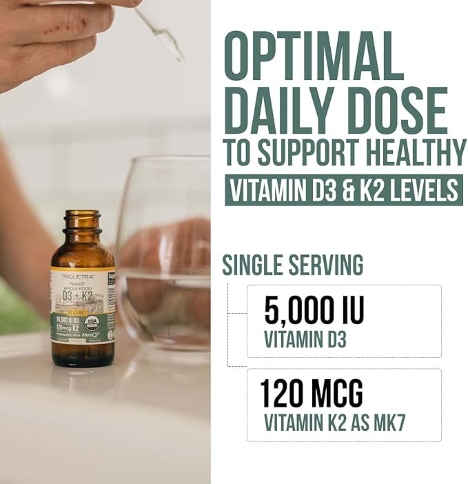 Organic Plant D3 + K2 (5000 iu D3) - All-Trans MK7 from MenaQ7 (120 mcg K2) - 100% Organic &amp Plant-Based Sublingual D3 Drops (Cholecalciferol) 100% Vegan - Supports Immunity Bone(1oz)
