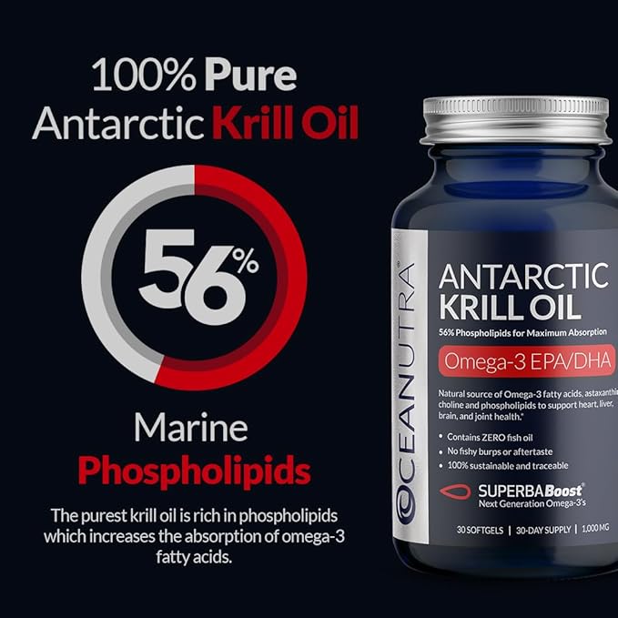 100% Pure Krill Oil 1000MG 120-Day Supply Double Strength 56% Phospholipids Astaxanthin Sustainable Antarctic SuperbaBoost Omega 3 EPA DHA Heart Brain Skin Care Third-Party Tested No Fish Oil