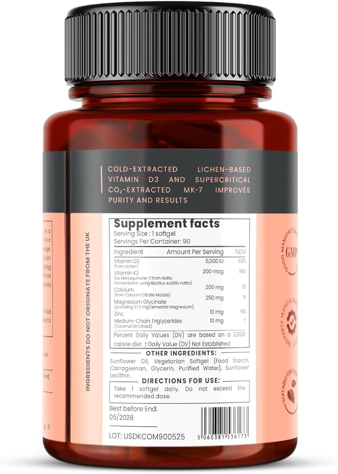 pureclinica Double Strength D3 + K2 Complex x 180 Vegan Softgels (2 Bottles of 90) – 5000 IU D3 + 100mcg K2 with Magnesium Calcium &amp Zinc – 6 Months Supply