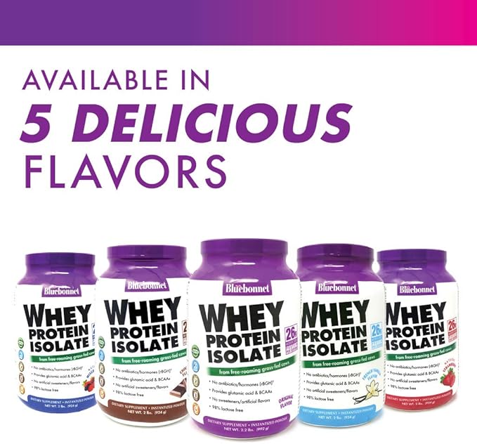 BlueBonnet Nutrition Whey Protein Isolate Powder From Grass Fed Cows 26g of Protein No Sugar Added Gluten &amp Soy free kosher Dairy 2 Lbs 28 Servings French Vanilla Flavor