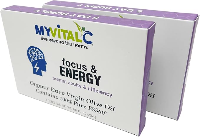 MyVitalC Pure ESS60 in Organic Extra Virgin Olive Oil | Focus and Energy Supplement for Nootropic Antioxidant Anti-Aging Focus Longevity &amp Immunity | 10 Day Supply 5ml Each