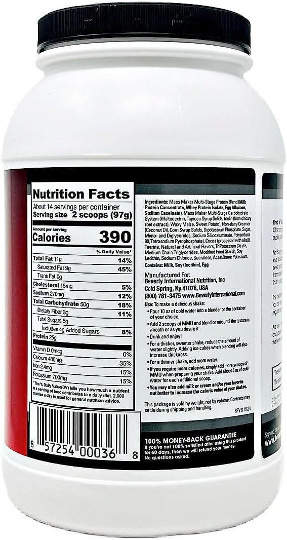 Beverly International Mass Maker Ultra Chocolate 14 Servings 3lb. Build Lean Mass Like a Pro. Milk Protein Isolate Whey Protein Isolate + Egg. MCT Oil. Clean Carbs Great Taste