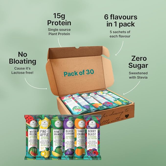 GreenProtein | Vegan Plant Pea Protein Isolate Powder | Dairy Gluten Allergen &amp Soy Free No Added Sugar | Pineapple Black Currant Berry Blast Watermelon Raw Mango &amp Orange | Pack of 30