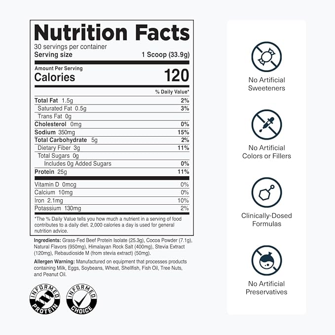 Transparent Labs Grass-Fed Beef Isolate Protein Powder – Naturally Flavored Dairy-Free Protein with 25g of Protein per Serving for Increased Recovery &amp Strength - 30 Servings Chocolate