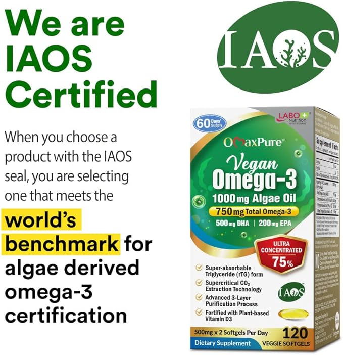 LABO Nutrition Vegan Omega 3 Algae Oil - Plant Based Fish Oil Alternative 750mg Omega-3 500mg DHA &amp 200mg EPA - Non-GMO &amp IAOS Certified - Heart Brain Eye Immune Joint Support 120 Softgels