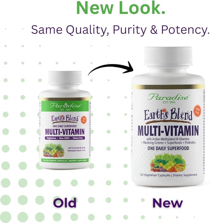 Paradise Herbs Earth's Blend Women's Once Daily Multivitamin with Iron 48 Organic Superfoods Probiotics Antioxidants Vitamins A B12 C D K2 120 Capsules