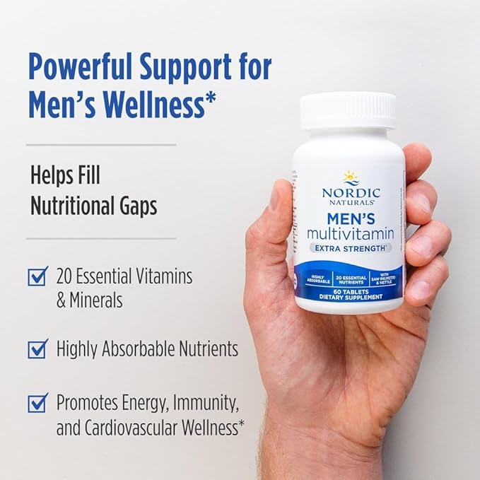 Nordic Naturals Men’s Multivitamin Extra Strength - Bone Energy &amp Blood-Vessel Support - Immunity Supplement - 20 Essential Nutrients - 60 Tablets - 30 Servings