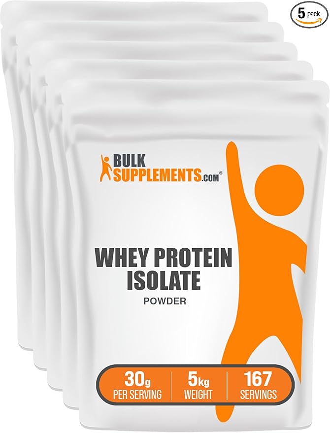 BulkSupplements.com Whey Protein Isolate Powder - Unflavored Whey Protein Powder Nutritional Supplement - Gluten Free 30g per Serving 1kg (2.2 lbs) (Pack of 5)