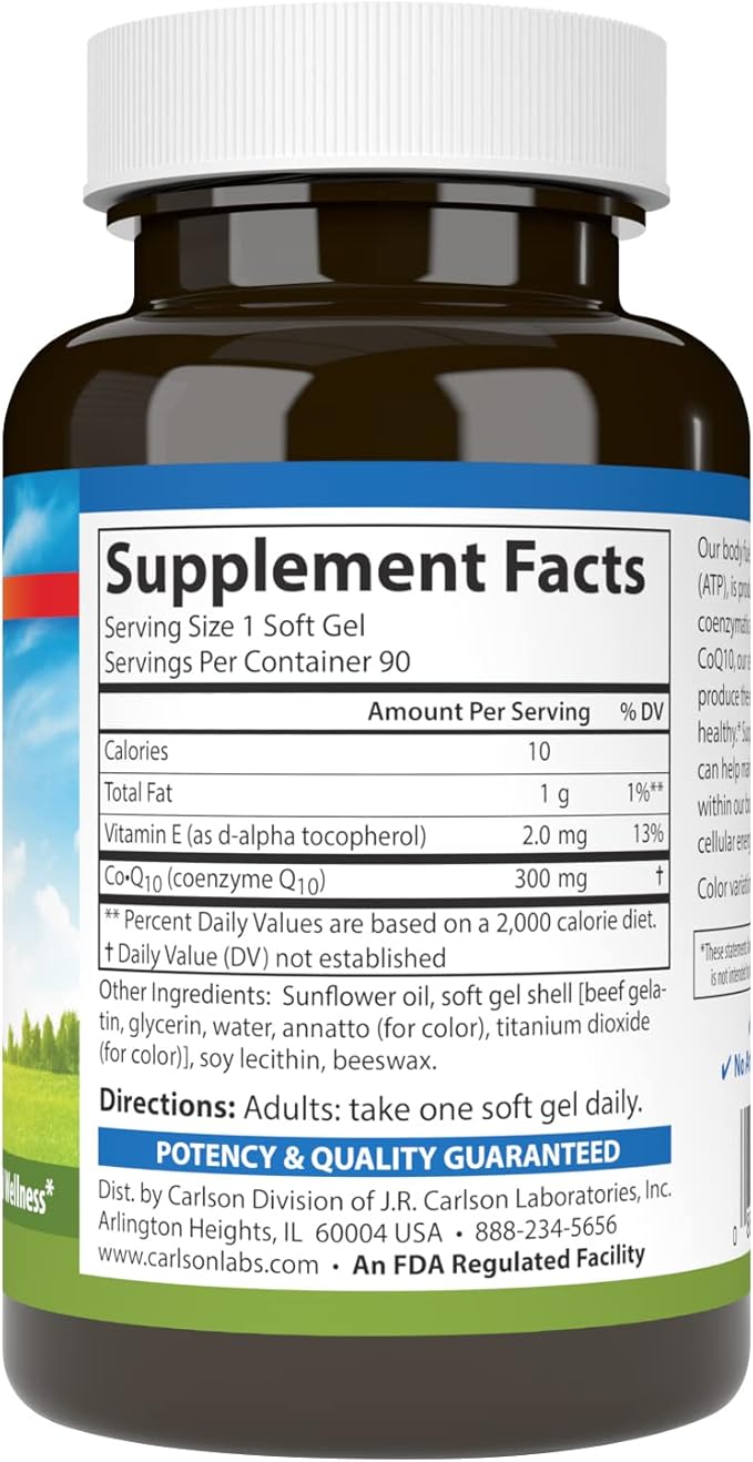 Carlson - Co-Q10 Co-Enzyme Q10 300 mg Energy Production &amp Heart Function 60 Softgels