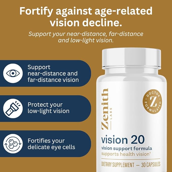 Zenith Labs Vision 20 Eye Vitamins - Lutein Zeaxanthin and Bilberry Extract - Supports Eye Strain and Eye Health - Carotenoid Blend