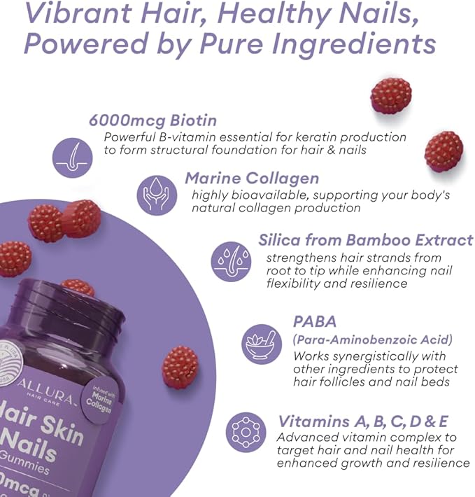 Hair Skin and Nails Vitamins for Women – Extra Strength 6000mcg Biotin Hair Gummies with Marine Collagen Vitamin E A C &amp PABA for Hair Growth Healthy Skin &amp Nails – Made in US Passion Fru