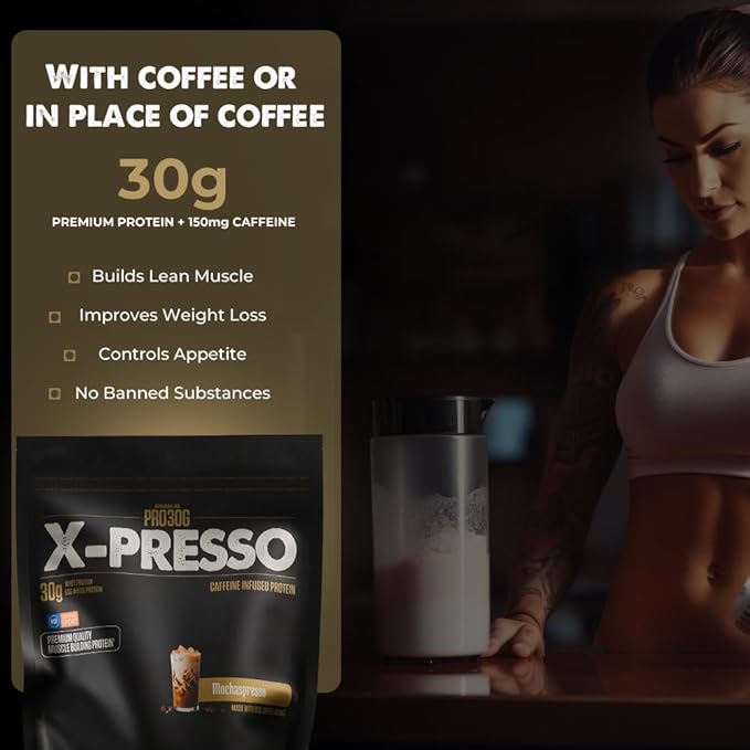 ATHLEAN-X PRO-30G Xpresso Premium Caffeinated Protein Powder Mochaspresso Gluten-Free Low Sugar 30g of High Protein Powder for Muscle Recovery &amp Growth NSF Certified for Sports