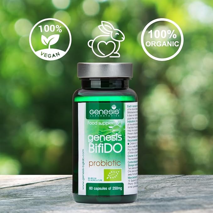 Genesis Bifido Bio Vegan Probiotic with Lactobacillus and Bifidobacterium Strains May Support Gut Helth Digestion Immune System 250 Mg per Capsule 30 caps