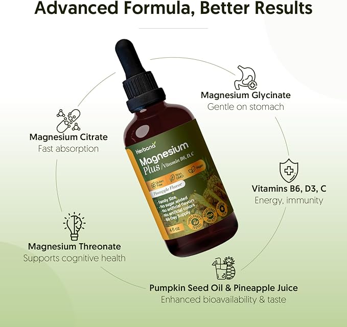 Magnesium Plus Pineapple Flavor - Magnesium Citrate Glycinate/L-threonate &amp Vitamin B6 D C/Liquid Drops Supplement 4 fl oz - Advanced Complex - 60-Day Supply