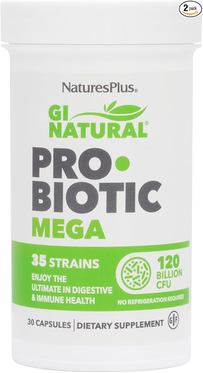 NaturesPlus GI Natural Probiotic Mega - 30 Capsules Pack of 2 - Digestive &amp Immune Health - Gluten Free - 60 Total Servings