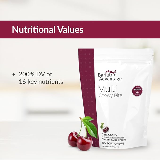 Bariatric Advantage Multi Chewy Bite - Soft Chew Multivitamin for Bariatric Surgery Patients - Chewable Multivitamin with Folic Acid Vitamin D3 &amp More - Dark Cherry Flavor - 60 Count