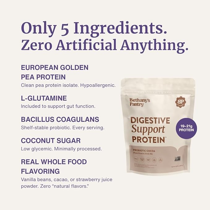 BETHANY'S PANTRY Digestive Support Protein Powder - Vegan Pea Protein with Probiotics &amp L-Glutamine - Only 5 Ingredients Non-GMO Project Verified No Artificial Sweeteners Gluten Free (Cocoa)