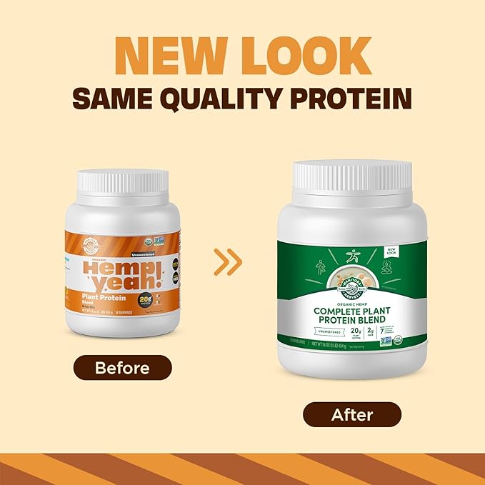 Manitoba Harvest Hemp Yeah Organic Plant-Based Protein Powder with 20g of Complete Plant 2g of Fiber &amp 2g Omegas 3&amp6 Non-GMO Vegan Unsweetened 16 Oz Packaging May Vary