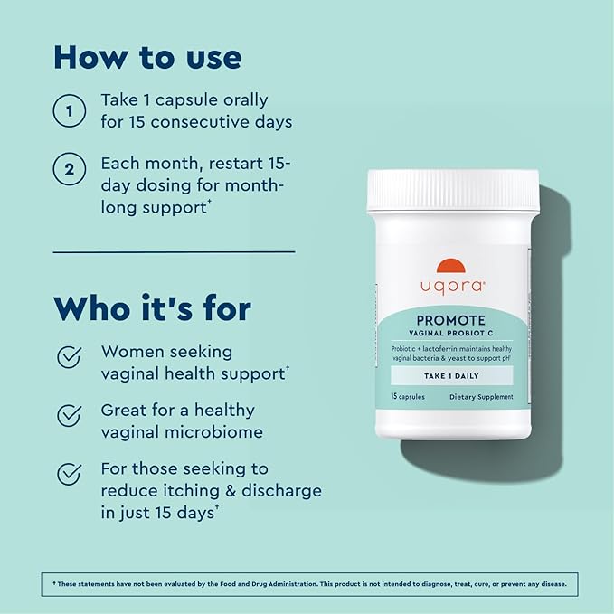 Uqora Promote - Support Vaginal Health* - Probiotic for Women with Lactoferrin Lactobacillus Acidophilus &amp Lacticaseibacillus Rhamnosus - Vaginal Probiotics - Gluten-Free - 15 Capsules