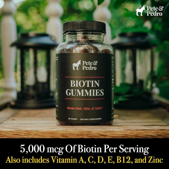 Pete &amp Pedro BIOTIN Gummies for Hair Skin &amp Nails Growth for Women &amp Men |Hair Grow Supplement for Stronger Skin &amp Nails | Cherry Biotin Gummy 5000mcg Per Serving | Seen on Shark Tan