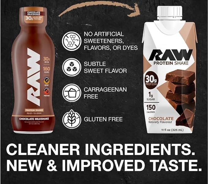 RAW- High Protein Chocolate Nutrition Shake 12-Pack (30g Protein Ready-to-Drink) + Free Reusable Water Bottle – Custom bundled by MOOCHI