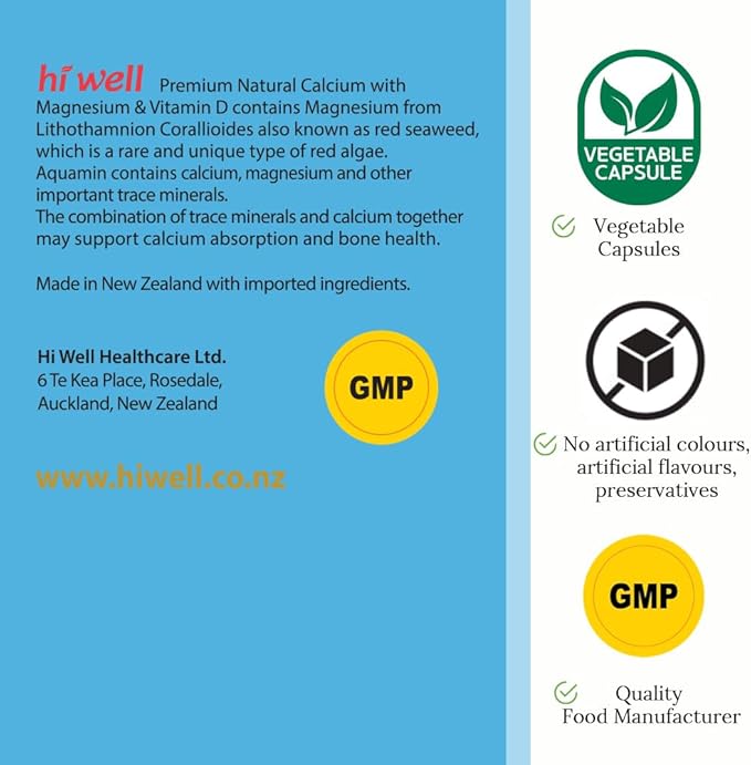 (Pack of 2) Hi Well Premium Natural Calcium with Magnesium &amp Vitamin D 120Vegetarian Capsules