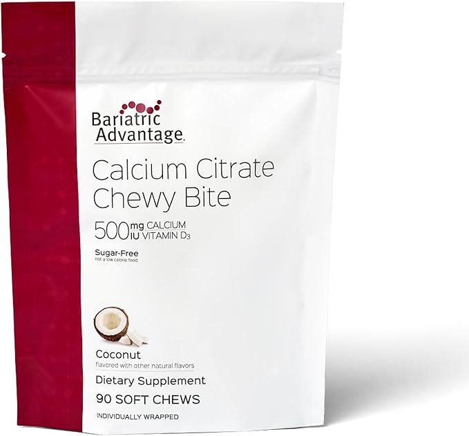Bariatric Advantage Calcium Citrate Chewy Bites 500 mg - Highly Absorbable &amp Digestible - Vitamin D3 - Easily Chewable Calcium Supplement - Coconut Flavor - 90 Count