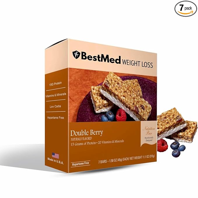 BestMed Protein Bar – 15g Protein Low Carb Low Sugar High Fiber Low Calorie Meal Replacement Nutrition Bar Healthy Snack for Weight Management Diet (Double Berry 7 Count)