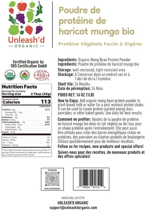 Unleash’d Organic Organic Mung Bean Protein Powder 16 oz – 100% Pure Plant Protein Vegan Nutrient-Rich High Fiber &amp Minerals