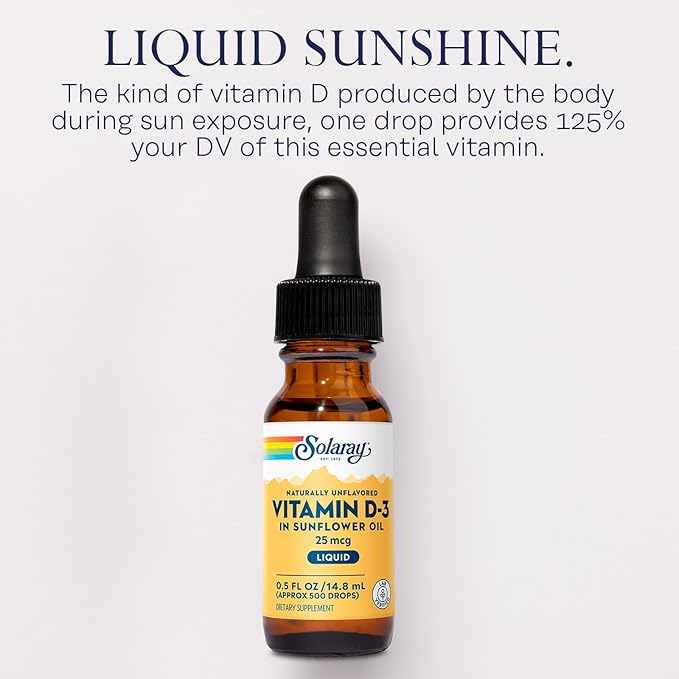 SOLARAY Vitamin D3 Liquid Drops 25 mcg (1000 IU) - Enhanced Absorption Vitamin D Drops in Sunflower Oil for VIT D3 Support - Naturally Unflavored Dropper Included - Approx. 500 Servings 0.5oz