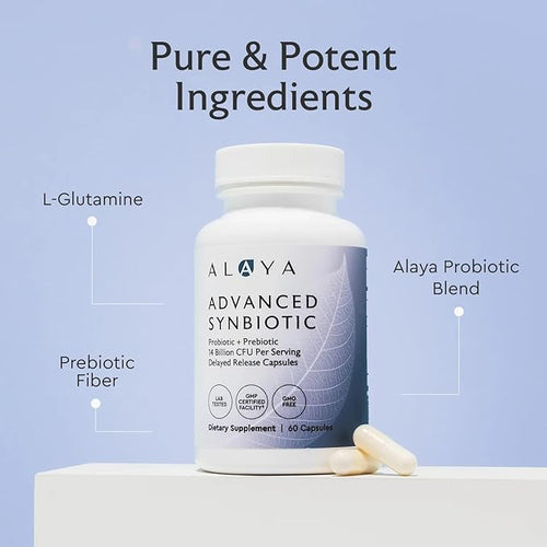 Alaya Naturals Advanced Synbiotic - Probiotic + Prebiotic - 14 Billion CFU Delayed Release Probiotic Supplement with Prebiotics from Sunfiber® and L-glutamine for Gut Lining Integrity - 60 Capsules