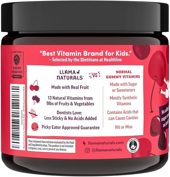 Llama Naturals Kids Multivitamin Gummies | Real Fruit No Added Sugar Cane | Organic Vegan Toddler Whole Food Vitamins | Vitamin D C &amp Beta Carotene Gummy Supplement | Cherry 90 Ct (1-2 Months)