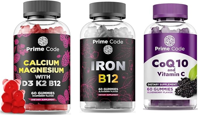 Prime Code Calcium Gummies for Women &amp Men with Magnesium Vitamin B12 Vitamin K2 &amp Vitamin D3 Iron Gummies for Women &amp Men [2 in 1] CoQ10 200mg &amp Vitamin C