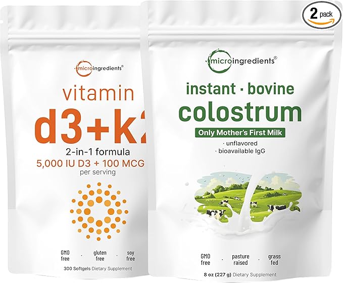 Micro Ingredients Vitamin D3 5000 IU with K2 100 mcg 300 Softgels &amp Instant Colostrum Powder Bundle 2 Pack | Essential Sunshine Vitamins | Grass-Fed Bovine Mother’s First Milk
