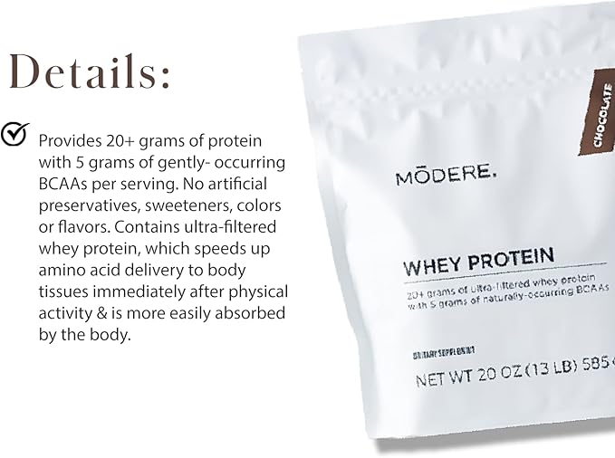 Modere Pure Chocolate Whey Protein Powder: Rich Chocolate Flavor Easy to Mix Daily Protein Formula for Shakes and Smoothies Container - 585 g