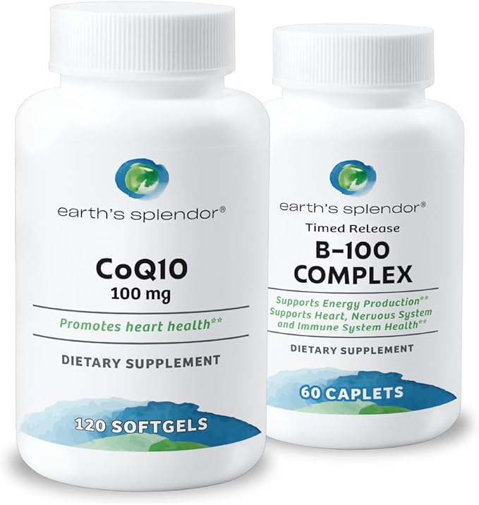 Earth's Splendor CoQ10 100 mg Softgels + Vitamin B Complex Tablets – Cellular Energy Production Metabolic Support &amp Daily Vitality Non-GMO No Artificial Colors or Flavors