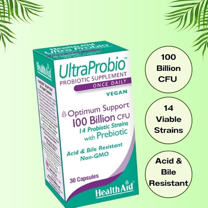HealthAid UltraProbio 100 Billion 60ct Once Daily Capsules Optimum Support 100 Billion with Prebiotic Acid &amp Bile Resistant Dairy &amp Gluten Free Non-GMO Vegan 14 Viable Strins.