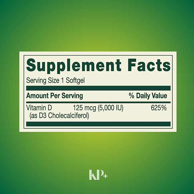 KP+ Vitamin D3 125 mcg (5000 IU) | Bone &amp Immune Health | Gluten Free | 250 Softgels | Pack of 2