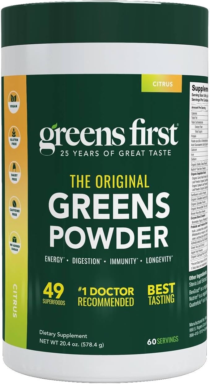 Greens First Original Greens Powder - 49 Superfoods - Organic Fruits &amp Veggies - Prebiotics Probiotics &amp Digestive Enzymes - Antioxidant Smoothie - Dairy Free/Vegan/Non-GMO (Citrus 60 Servin