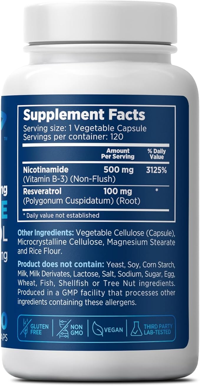 Nicotinamide 500 mg with Resveratrol 100 mg 120 Veggie Capsules - Non-GMO Vitamin B3 Supports Metabolic Health NAD+ Skin Cell &amp Mitochondrial Energy Production. Made in USA for Men and Women
