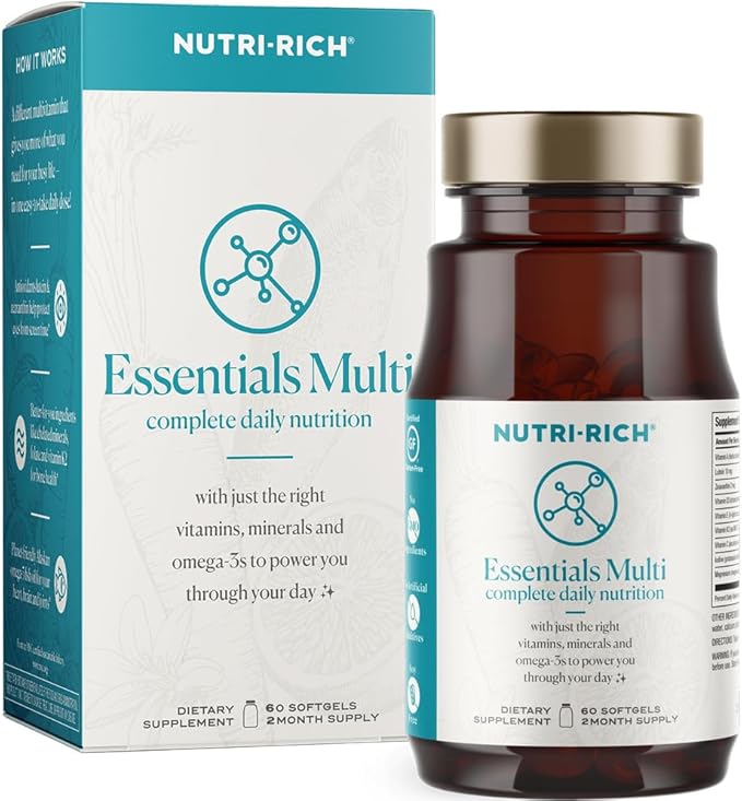 Nutri-Rich Essentials Multi | Multivitamin Supplement for Adult with Fish Oil Omega-3 Supports Energy Immune Health Vitamin A C D3 E K2 and Zinc Non-GMO Gluten Free (60 Count)